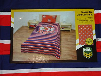 OFFICIAL NRL SYDNEY ROOSTERS  DOUBLE SIDED SINGLE QUILT COVER WITH PILLOWCASE