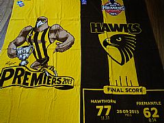 AFL-2013-HAWTHORN-HAWKS-CHARACTER-AND-PREMIERSHIP-BEACH-TOWEL-COLLECTORS-SET-OF-2